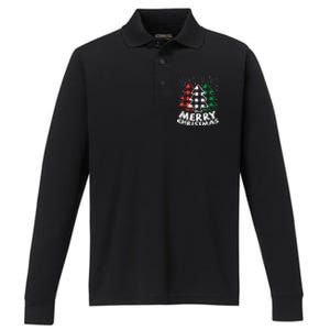 Green White Red Buffalo Plaid Merry Christmas Trees Gift Performance Long Sleeve Polo