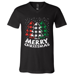 Green White Red Buffalo Plaid Merry Christmas Trees Gift V-Neck T-Shirt