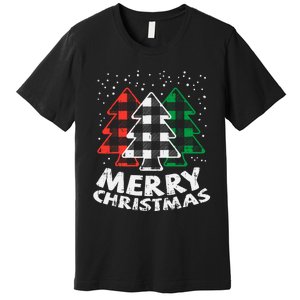 Green White Red Buffalo Plaid Merry Christmas Trees Gift Premium T-Shirt