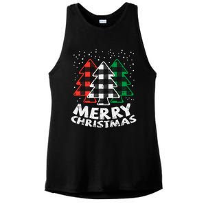 Green White Red Buffalo Plaid Merry Christmas Trees Gift Ladies PosiCharge Tri-Blend Wicking Tank