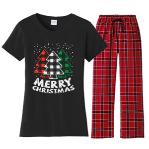 Green White Red Buffalo Plaid Merry Christmas Trees Gift Women's Flannel Pajama Set