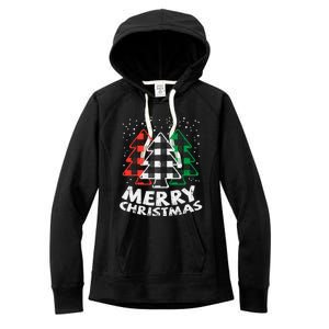 Green White Red Buffalo Plaid Merry Christmas Trees Gift Women's Fleece Hoodie