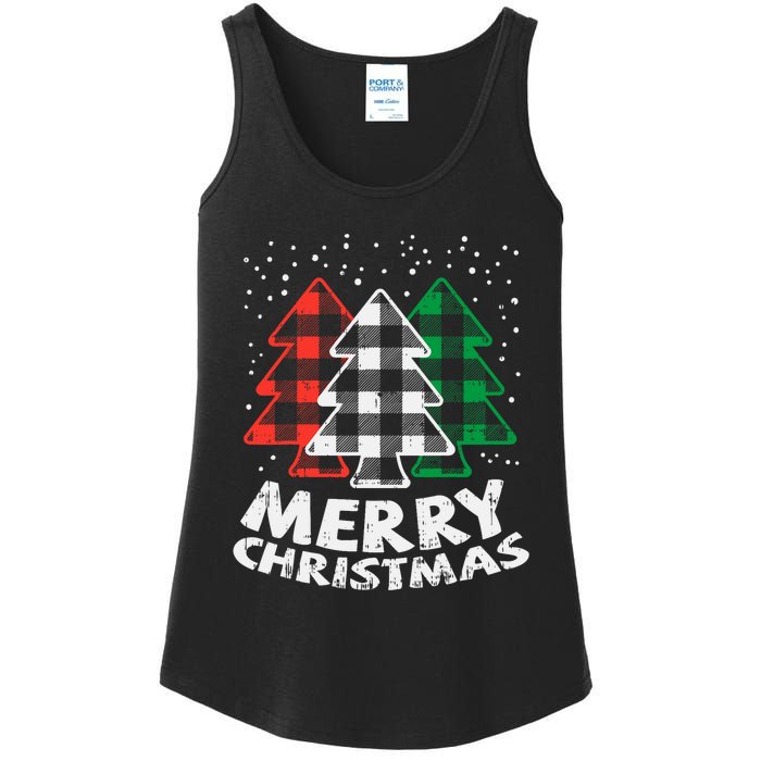 Green White Red Buffalo Plaid Merry Christmas Trees Gift Ladies Essential Tank