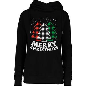 Green White Red Buffalo Plaid Merry Christmas Trees Gift Womens Funnel Neck Pullover Hood