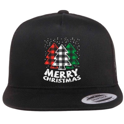 Green White Red Buffalo Plaid Merry Christmas Trees Gift Flat Bill Trucker Hat