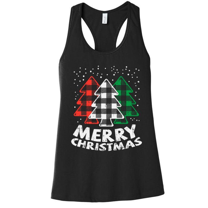 Green White Red Buffalo Plaid Merry Christmas Trees Gift Women's Racerback Tank