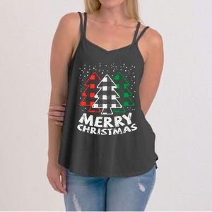 Green White Red Buffalo Plaid Merry Christmas Trees Gift Women's Strappy Tank