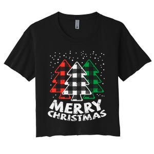 Green White Red Buffalo Plaid Merry Christmas Trees Gift Women's Crop Top Tee