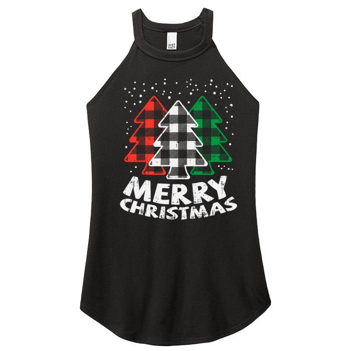 Green White Red Buffalo Plaid Merry Christmas Trees Gift Women's Perfect Tri Rocker Tank