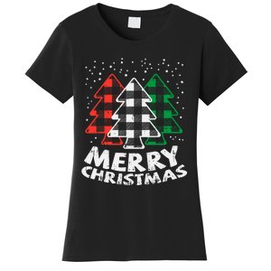 Green White Red Buffalo Plaid Merry Christmas Trees Gift Women's T-Shirt