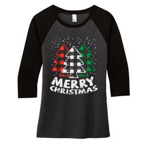 Green White Red Buffalo Plaid Merry Christmas Trees Gift Women's Tri-Blend 3/4-Sleeve Raglan Shirt