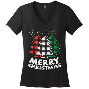 Green White Red Buffalo Plaid Merry Christmas Trees Gift Women's V-Neck T-Shirt