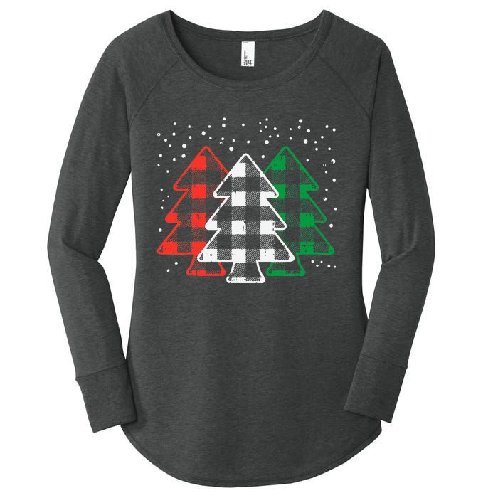 Green White Red Buffalo Plaid Christmas Trees Cute Snow Gift  Women's Perfect Tri Tunic Long Sleeve Shirt