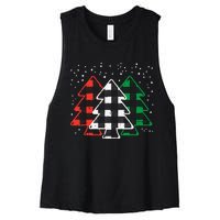 Green White Red Buffalo Plaid Christmas Trees Cute Snow Gift  Women's Racerback Cropped Tank