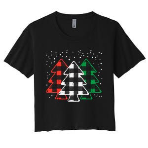 Green White Red Buffalo Plaid Christmas Trees Cute Snow Gift  Women's Crop Top Tee