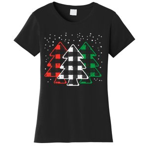 Green White Red Buffalo Plaid Christmas Trees Cute Snow Gift  Women's T-Shirt