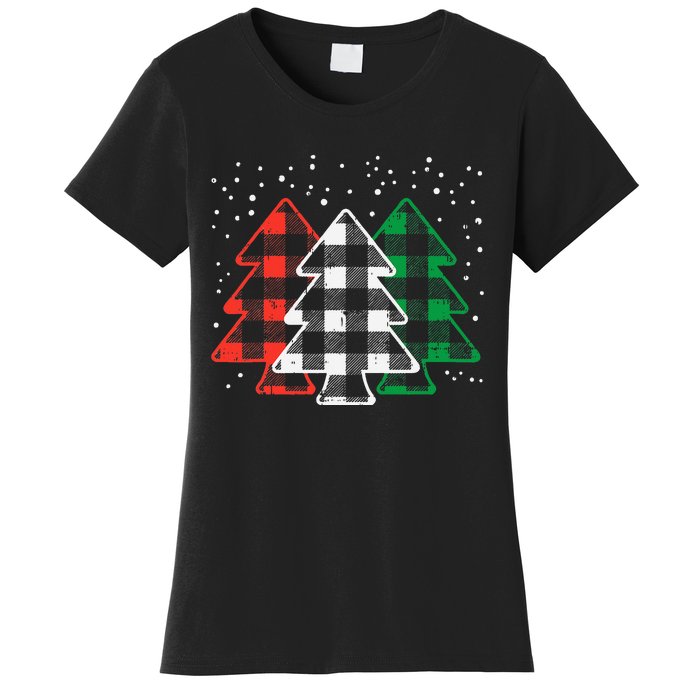 Green White Red Buffalo Plaid Christmas Trees Cute Snow Gift  Women's T-Shirt