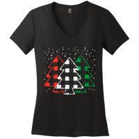 Green White Red Buffalo Plaid Christmas Trees Cute Snow Gift  Women's V-Neck T-Shirt