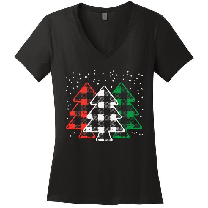 Green White Red Buffalo Plaid Christmas Trees Cute Snow Gift  Women's V-Neck T-Shirt