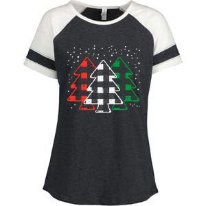 Green White Red Buffalo Plaid Christmas Trees Cute Snow Gift  Enza Ladies Jersey Colorblock Tee