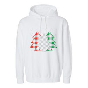 Green White Red Buffalo Plaid Christmas Trees Cute Snow Gift  Garment-Dyed Fleece Hoodie