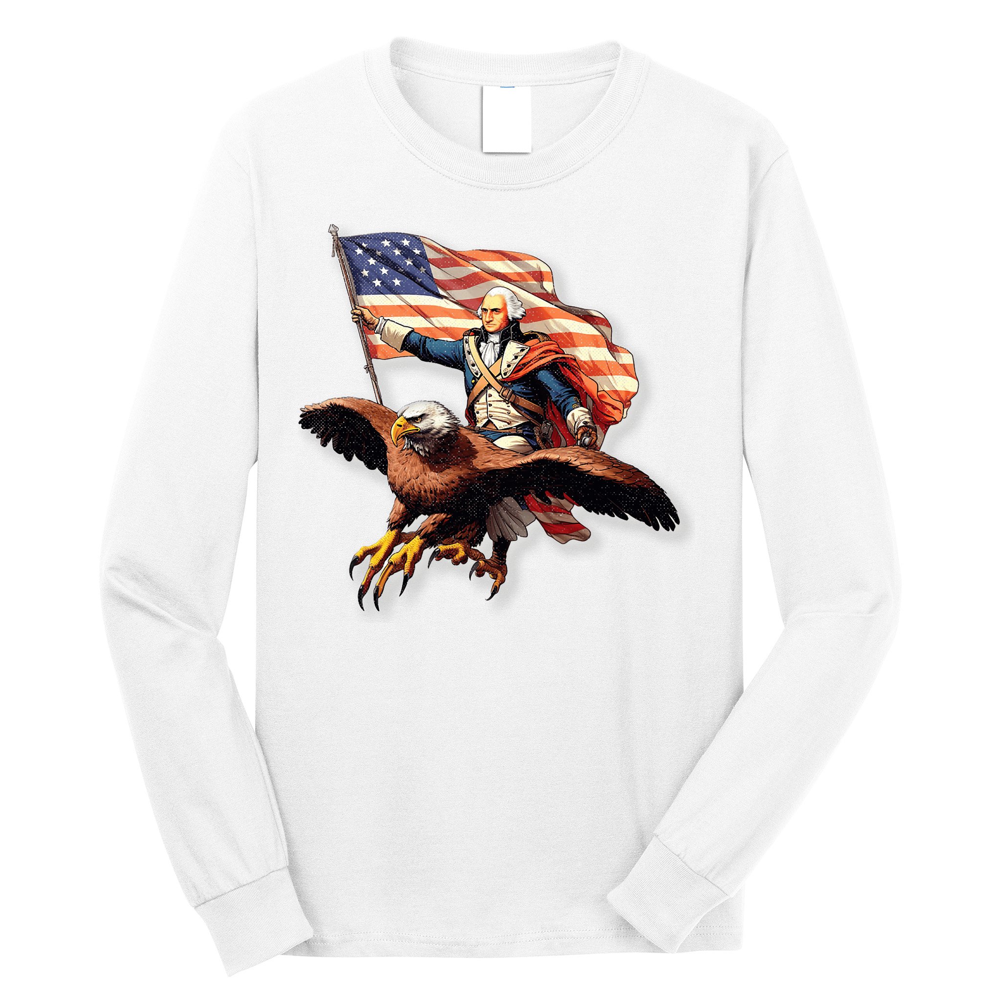 George Washington Riding A Bald Eagle Patriotic Long Sleeve Shirt