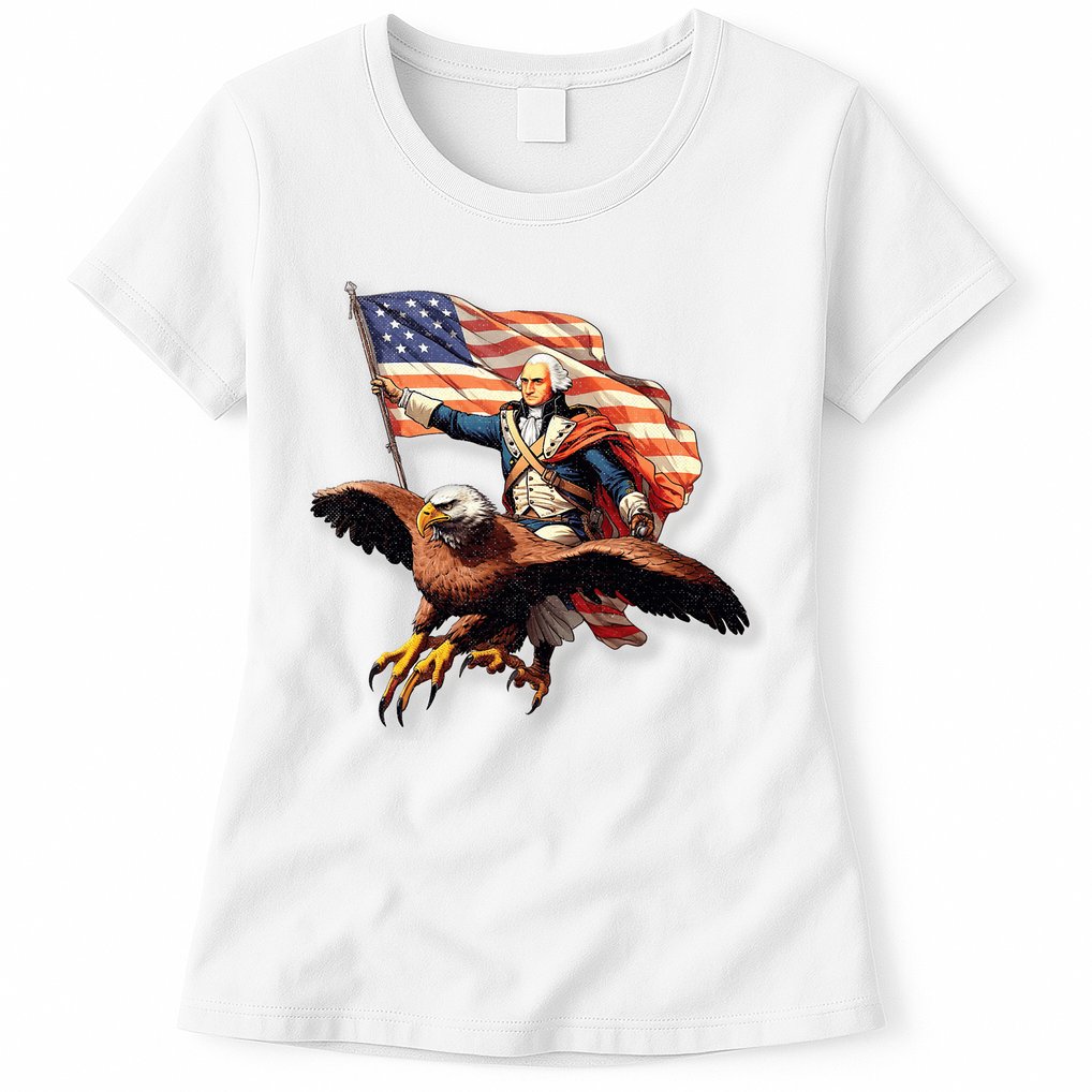 George Washington Riding A Bald Eagle Patriotic Womens T-Shirt