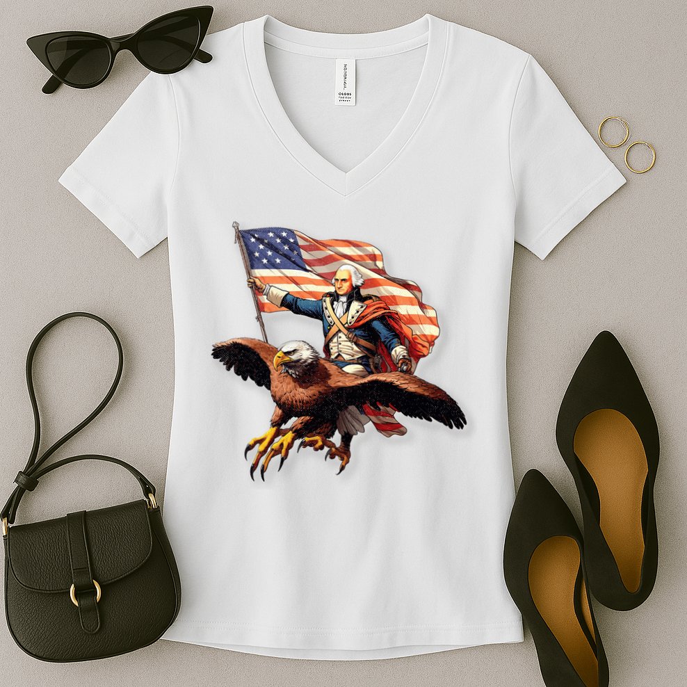 George Washington Riding A Bald Eagle Patriotic Women's V-Neck T-Shirt