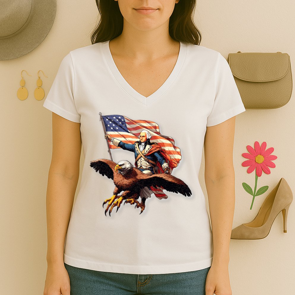 George Washington Riding A Bald Eagle Patriotic Women's V-Neck T-Shirt