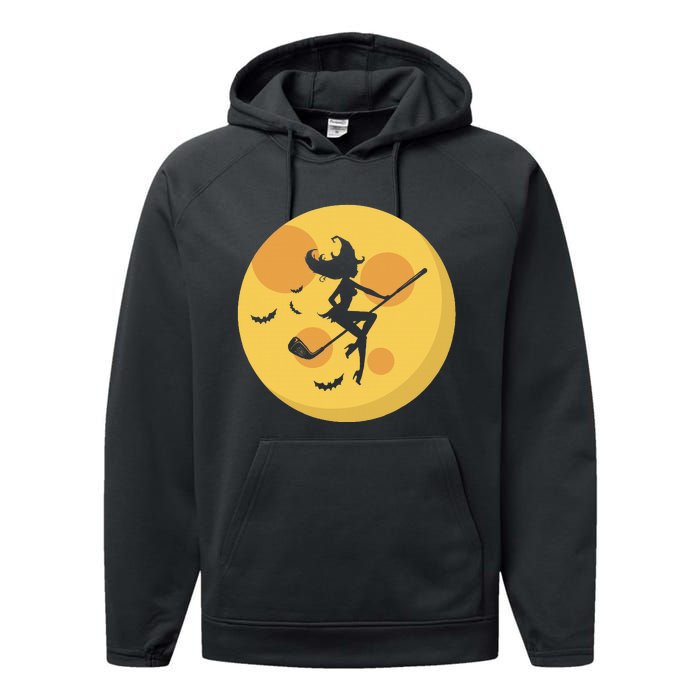 Golf Witch Riding Golf Stick Funny Halloween Golf Club Performance Fleece Hoodie