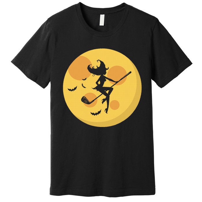 Golf Witch Riding Golf Stick Funny Halloween Golf Club Premium T-Shirt