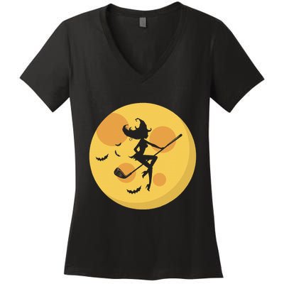 Golf Witch Riding Golf Stick Funny Halloween Golf Club Women's V-Neck T-Shirt