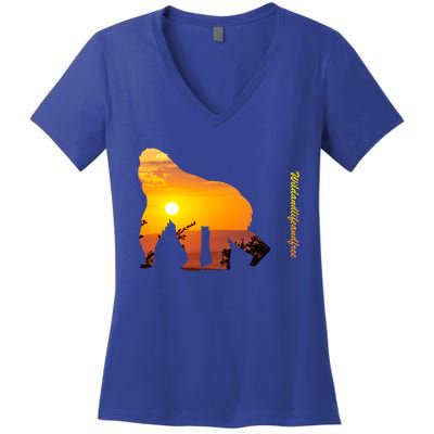 Gorilla With Sunset In Africa Wildlife Gorillas Meaningful Gift Women's V-Neck T-Shirt