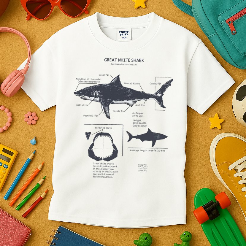 Great White Shark Anatomy Marine Biologist Kids T-Shirt
