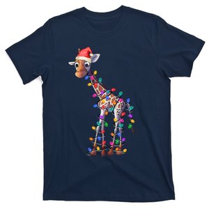 Giraffe Wearing Santa Hat Christmas Lights Graphic Animal Lover T-Shirt