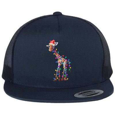 Giraffe Wearing Santa Hat Christmas Lights Graphic Animal Lover Flat Bill Trucker Hat