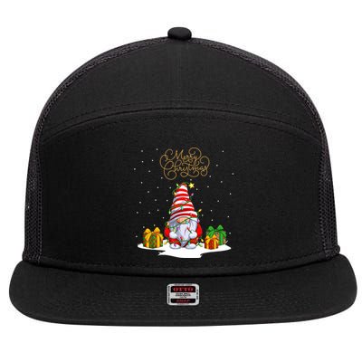 Gnome With Snow Xmas Funny Merry Christmas 7 Panel Mesh Trucker Snapback Hat