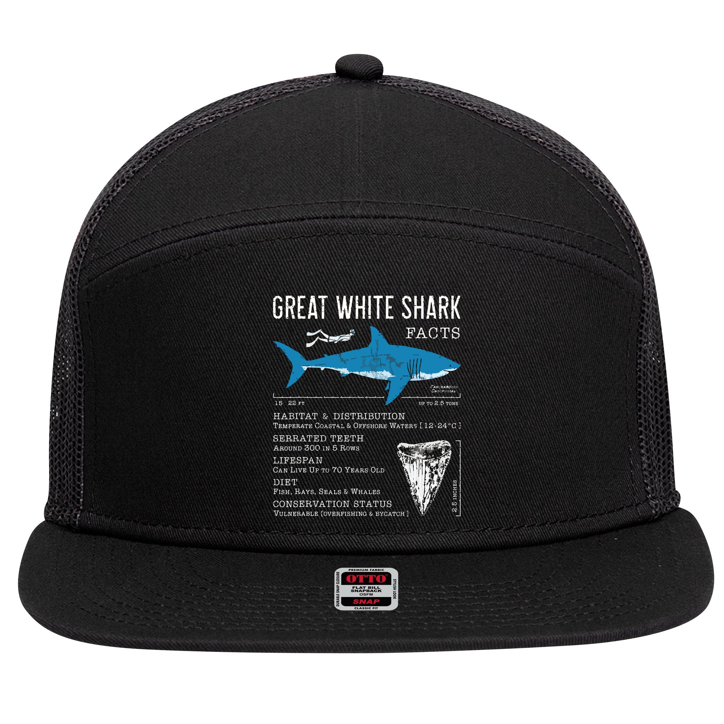 Great White Shark Facts Educational Shark Lover Sharks Tooth 7 Panel Mesh Trucker Snapback Hat