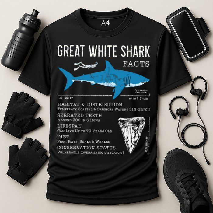 Great White Shark Facts Educational Shark Lover Sharks Tooth Cooling Performance Crew T-Shirt