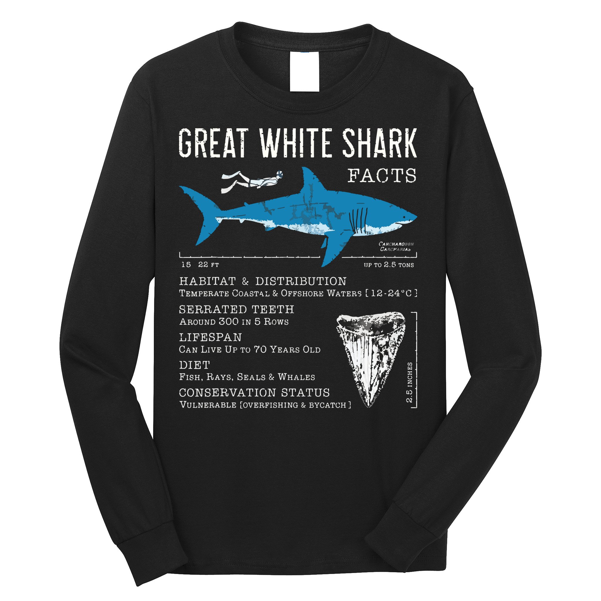Great White Shark Facts Educational Shark Lover Sharks Tooth Long Sleeve Shirt