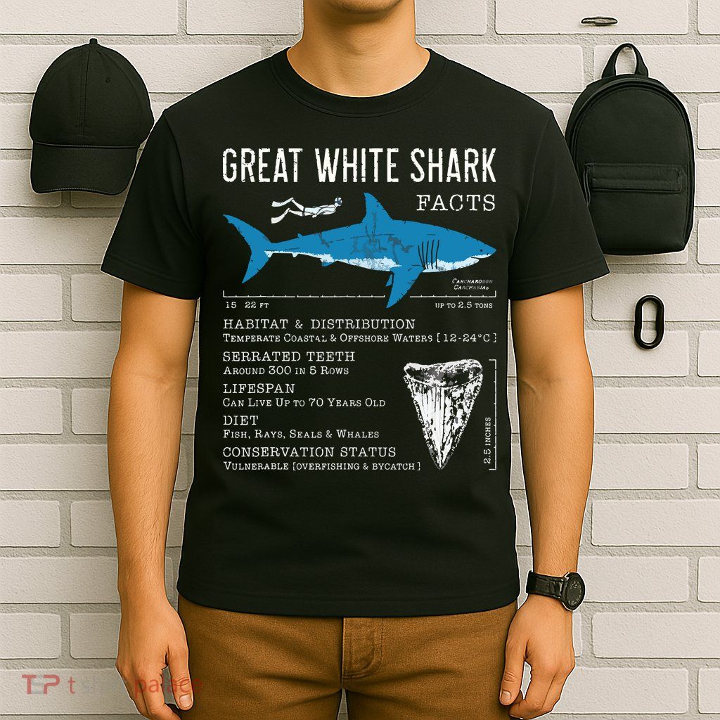 Great White Shark Facts Educational Shark Lover Sharks Tooth T-Shirt