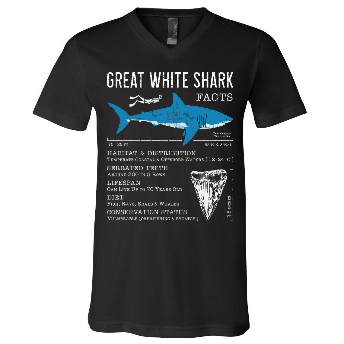 Great White Shark Facts Educational Shark Lover Sharks Tooth V-Neck T-Shirt