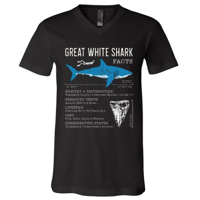 Great White Shark Facts Educational Shark Lover Sharks Tooth V-Neck T-Shirt