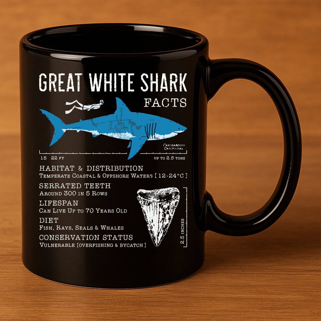 Great White Shark Facts Educational Shark Lover Sharks Tooth 11oz C Handle Ceramic Mug