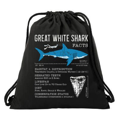 Great White Shark Facts Educational Shark Lover Sharks Tooth Drawstring Bag