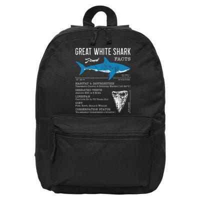 Great White Shark Facts Educational Shark Lover Sharks Tooth 16 in Basic Backpack