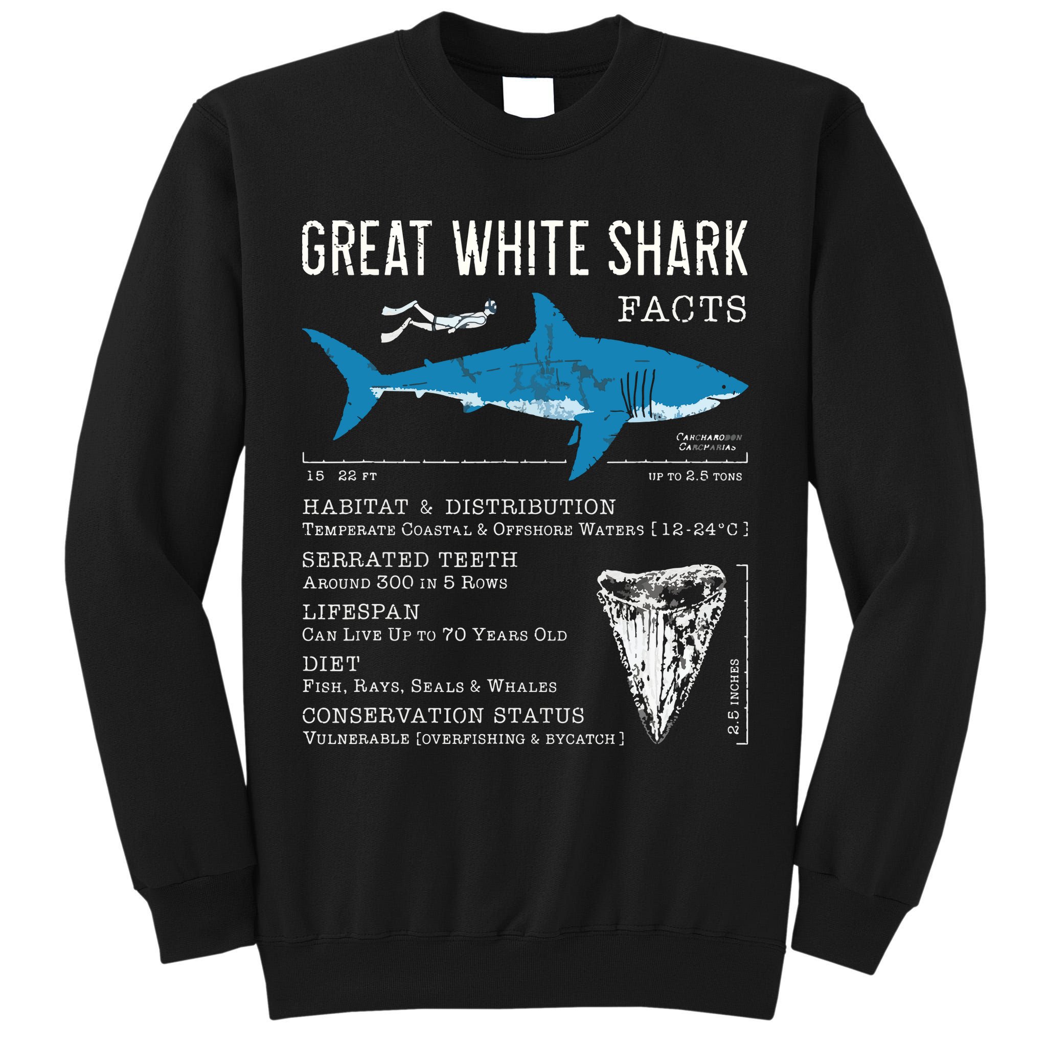Great White Shark Facts Educational Shark Lover Sharks Tooth Tall Sweatshirt