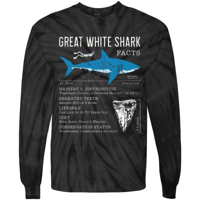 Great White Shark Facts Educational Shark Lover Sharks Tooth Tie-Dye Long Sleeve Shirt