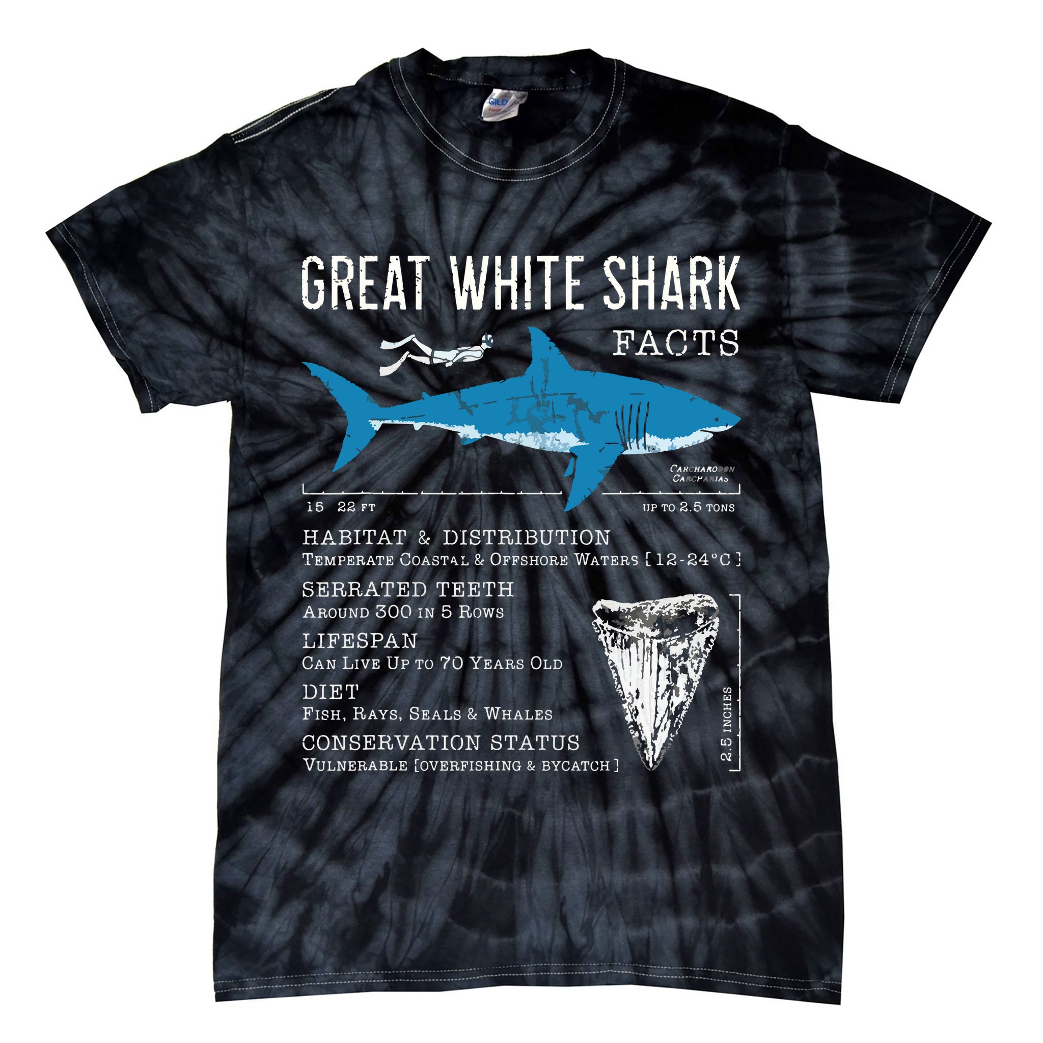 Great White Shark Facts Educational Shark Lover Sharks Tooth Tie-Dye T-Shirt