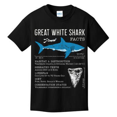 Great White Shark Facts Educational Shark Lover Sharks Tooth Kids T-Shirt